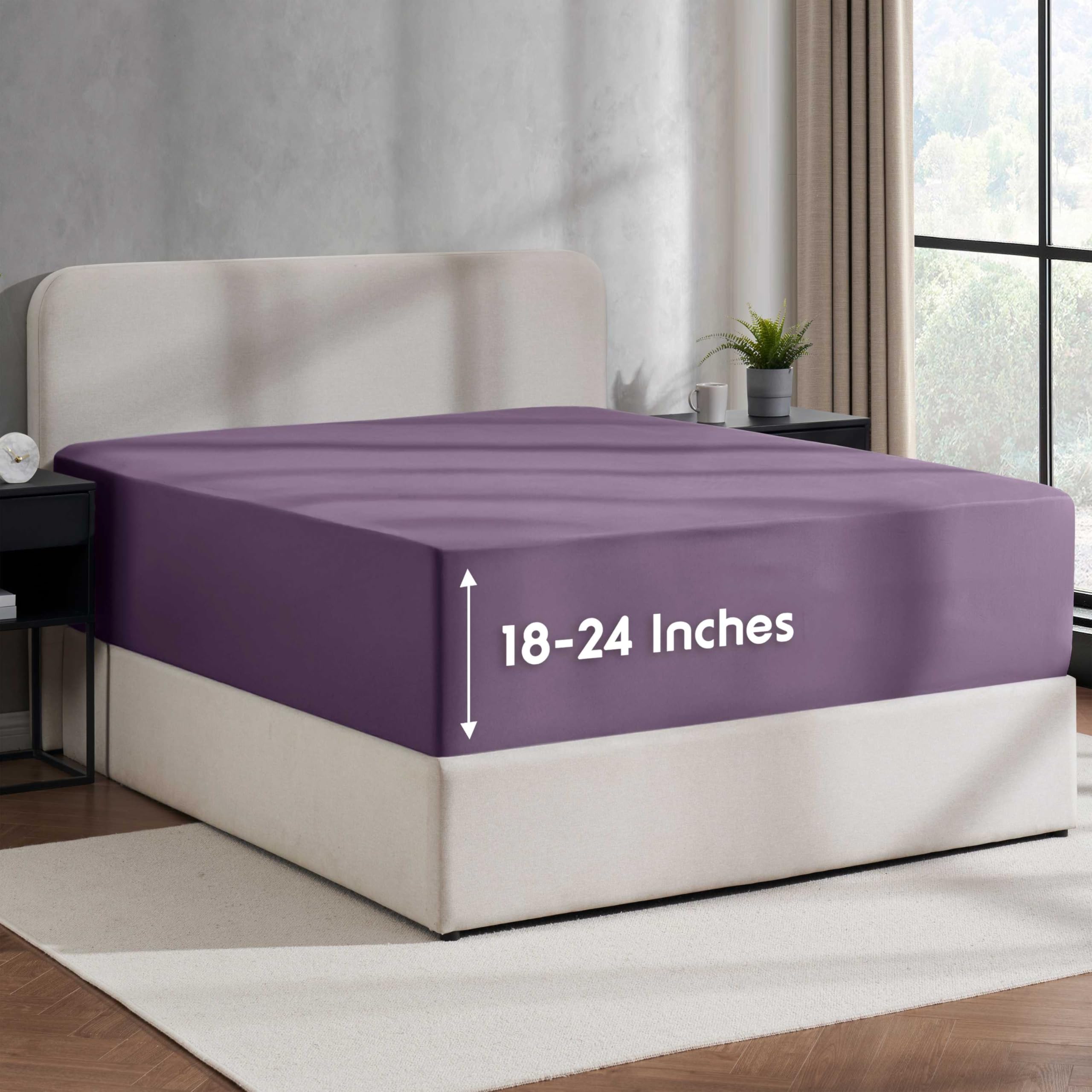 Photo 1 of Nestl Purple Extra Deep Pocket Twin XL Fitted Sheet, Luxury XL Twin Fitted Sheet Only Easily Fits 18 to 24 Inch Mattress, Super Soft, Wrinkle-Free, and Breathable Bed Sheets with Corner Straps