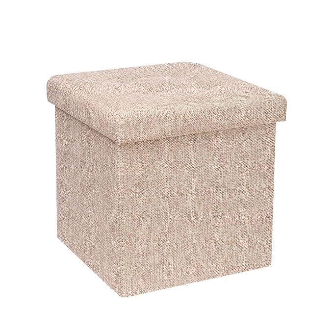 Bonlife Ottoman Storage Boxes, Folding Ottoman Cube Footstool, Linen