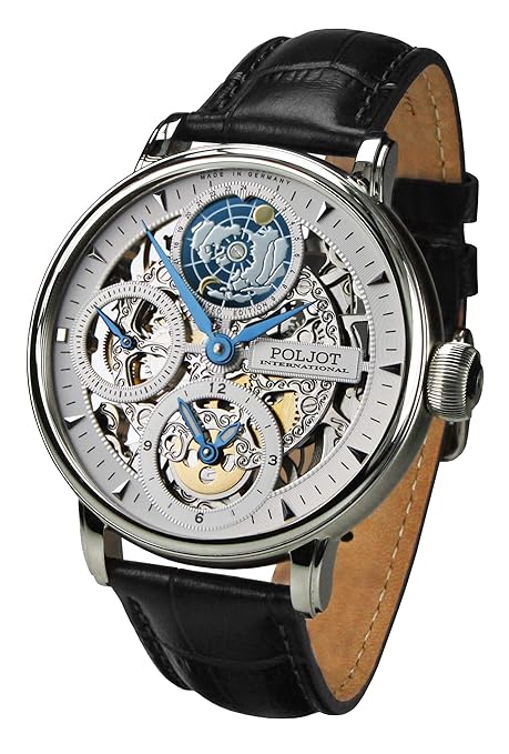 POLJOT International Mechanische Herrenuhr Globetrotter Skelettuhr Handaufzug Lederband