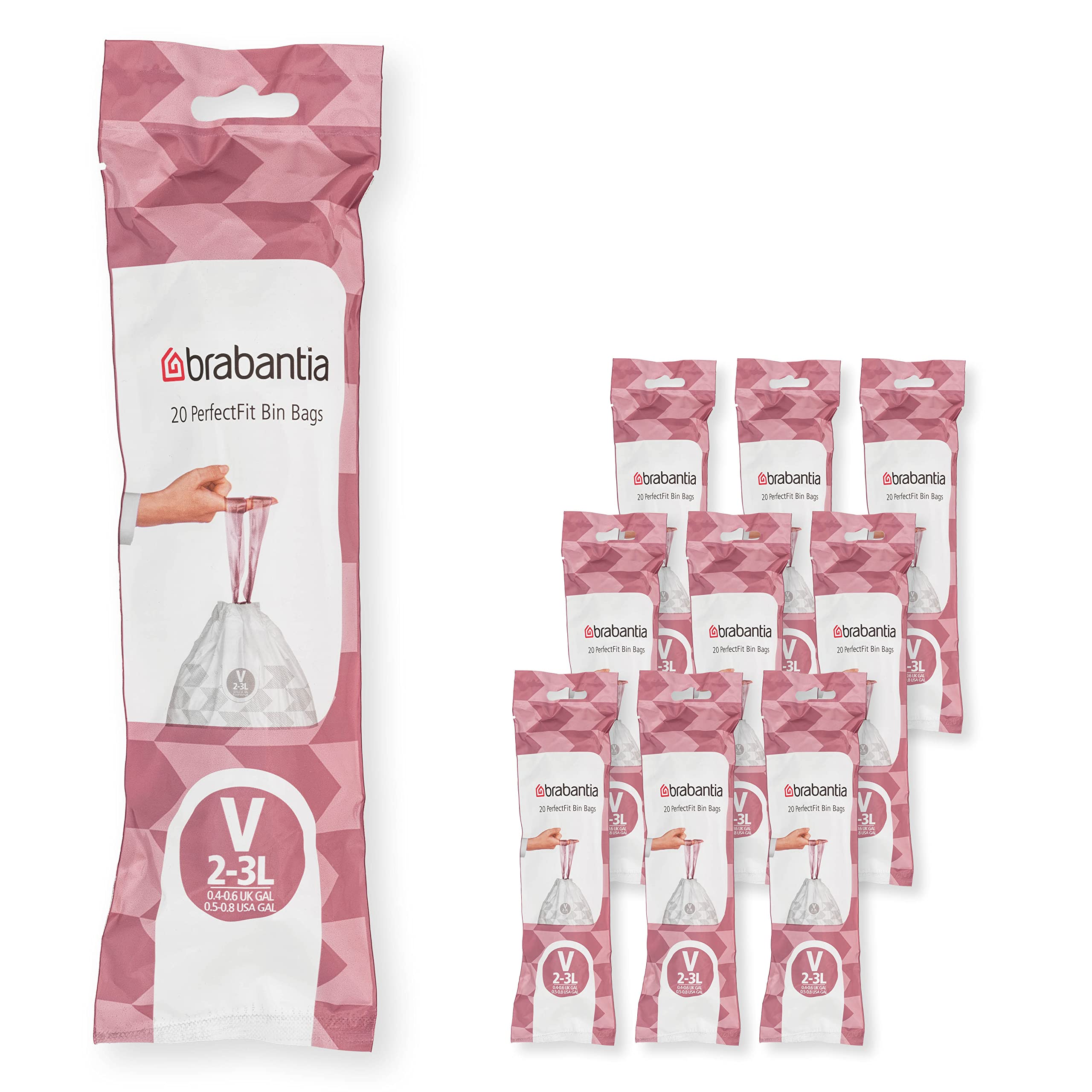 Brabantia 137686 PerfectFit Bin Liners Multipack (Size V/2-3 Litre) Thick Plastic Trash Bags with Tie Tape Drawstring Handles (200 Bags), White