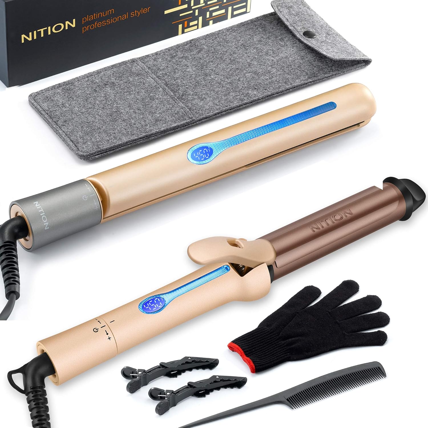 NITION Salon 1" Hair Straightening Flat Iron and 1 1⁄4 inch Argan Oil Curling Iron Set