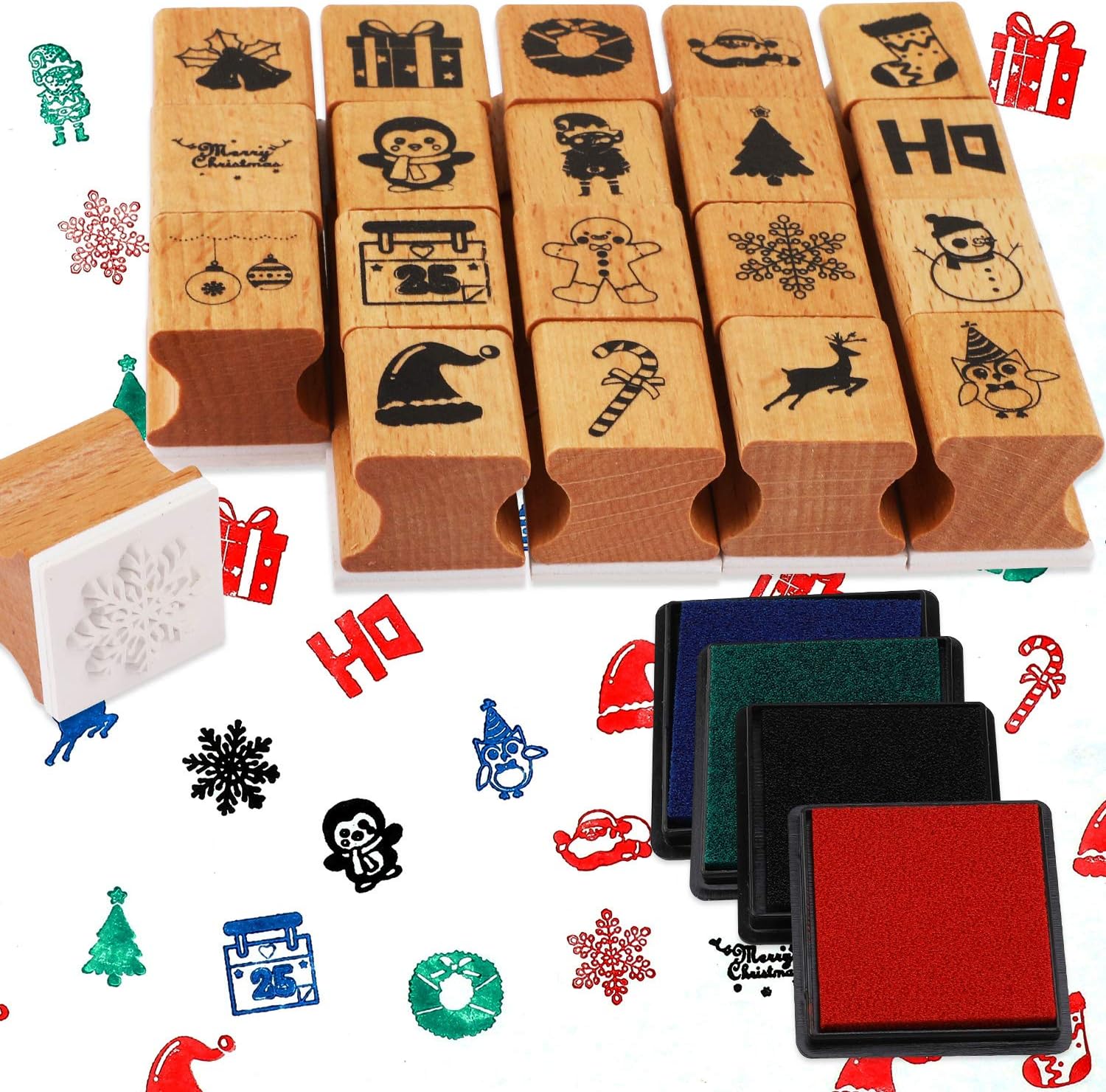 HOWAF 24pcs Wooden Christmas Stamps with Ink Pad for Kids Crafting Painting Card Making Christmas Stamp for Children DIY Scrapbooks Wrapping Paper Christmas Party Bag Fillers Favour Supplies Gift