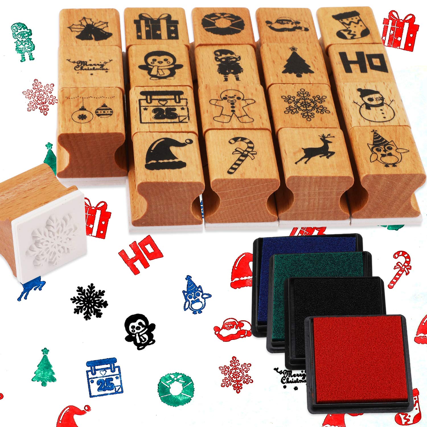HOWAF 24pcs Wooden Christmas Stamps with Ink Pad for Kids Crafting Painting Card Making, Christmas Stamp for Children DIY Scrapbooks Wrapping Paper Christmas Party Bag Fillers Favour Supplies Gift