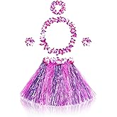 Fortuning's JDS Girl's Hawaiian Hula Grass Skirt Matching Elastic Flowers Kids Costume Set for Luau Tropical Beach Party