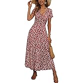 HUHOT Women's Short Sleeve Wrap V Neck Dresses for Wedding Guest Summer Floral Maxi Sundresses with Pockets Boho Dress
