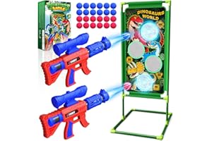 TQEIEU Dinosaur Shooting Game Toys, 2 Air Pump Launcher with Aiming Fun, 3 Dinosaur Theme & 4 Target Score Points, 24 Foam Balls, Indoor Outdoor Toy Gift for Kid Boy 3 4 5 6 7 8 9 10 11 12 Year Old Age 3-12