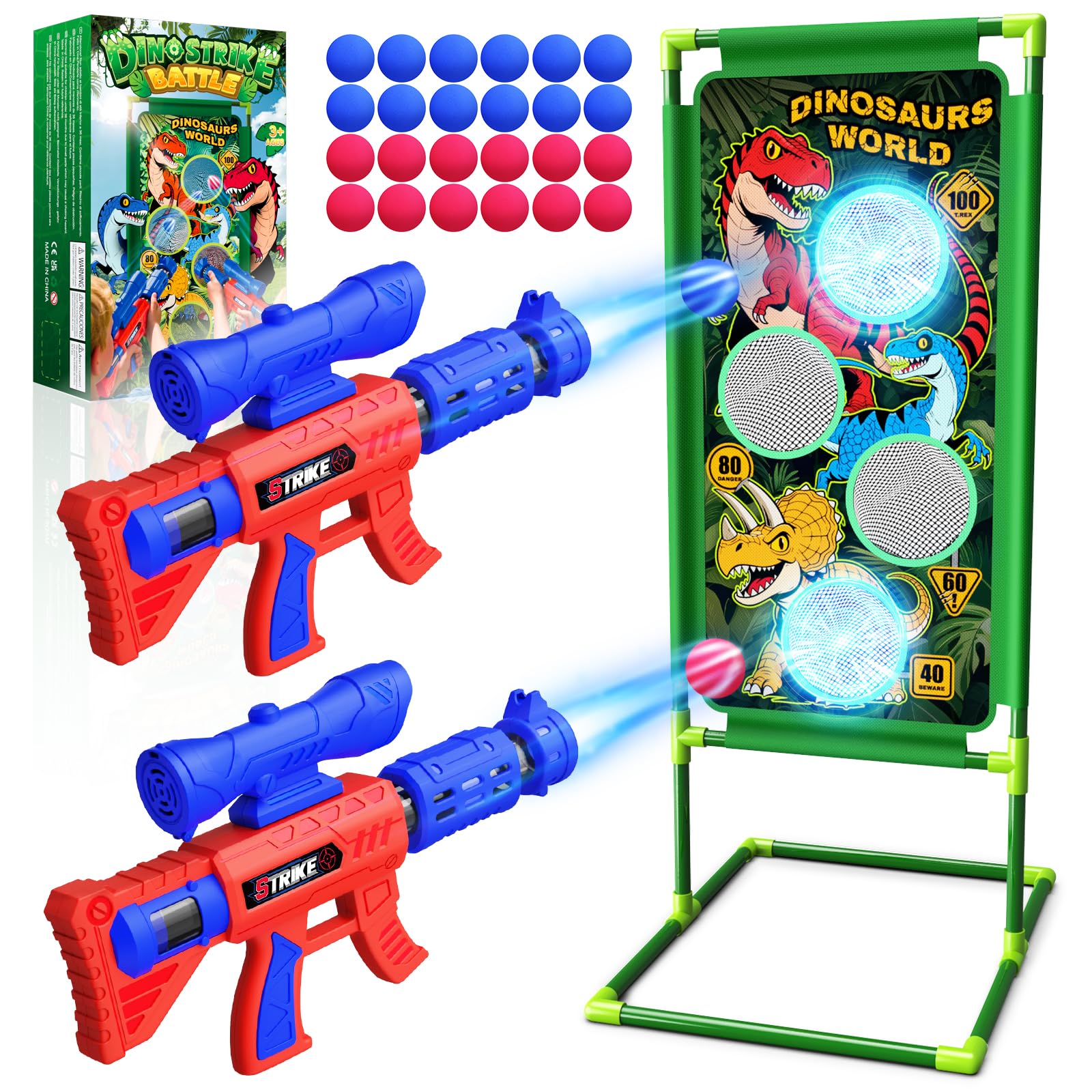 Dinosaur Shooting Toys for 3-10 Year Old Boys,Shooting Game for Kids 3-10 Year Old Boy Gifts Foam Ball Blaster with 2 Air Guns, 24 Soft Balls & 3 Dino Targets Outdoor Garden Toys Birthday Easter Gifts