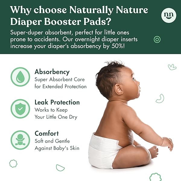 NATURALLY NATURE OVERNIGHT DIAPER BOOSTER PADS, STOPS OVERNIGHT LEAKING, DIAPER LINERS FOR TODDLER, NIGHTTIME DIAPERS SIZE 5, ADHESIVE PAD FOR GIRLS, BOYS, (2 PACKS OF 32 CT.)