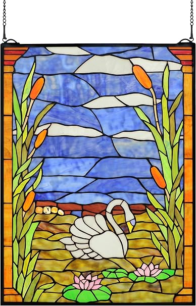 Amazon Co Jp Happy Living Time 田舎風ビンテージティファニースタイル ステンド教会 アートグラス 装飾用 白白鳥 花柄 長方形 窓 吊り下げ ガラスパネル サンキャッチャー 18インチ X 24インチ ホーム キッチン