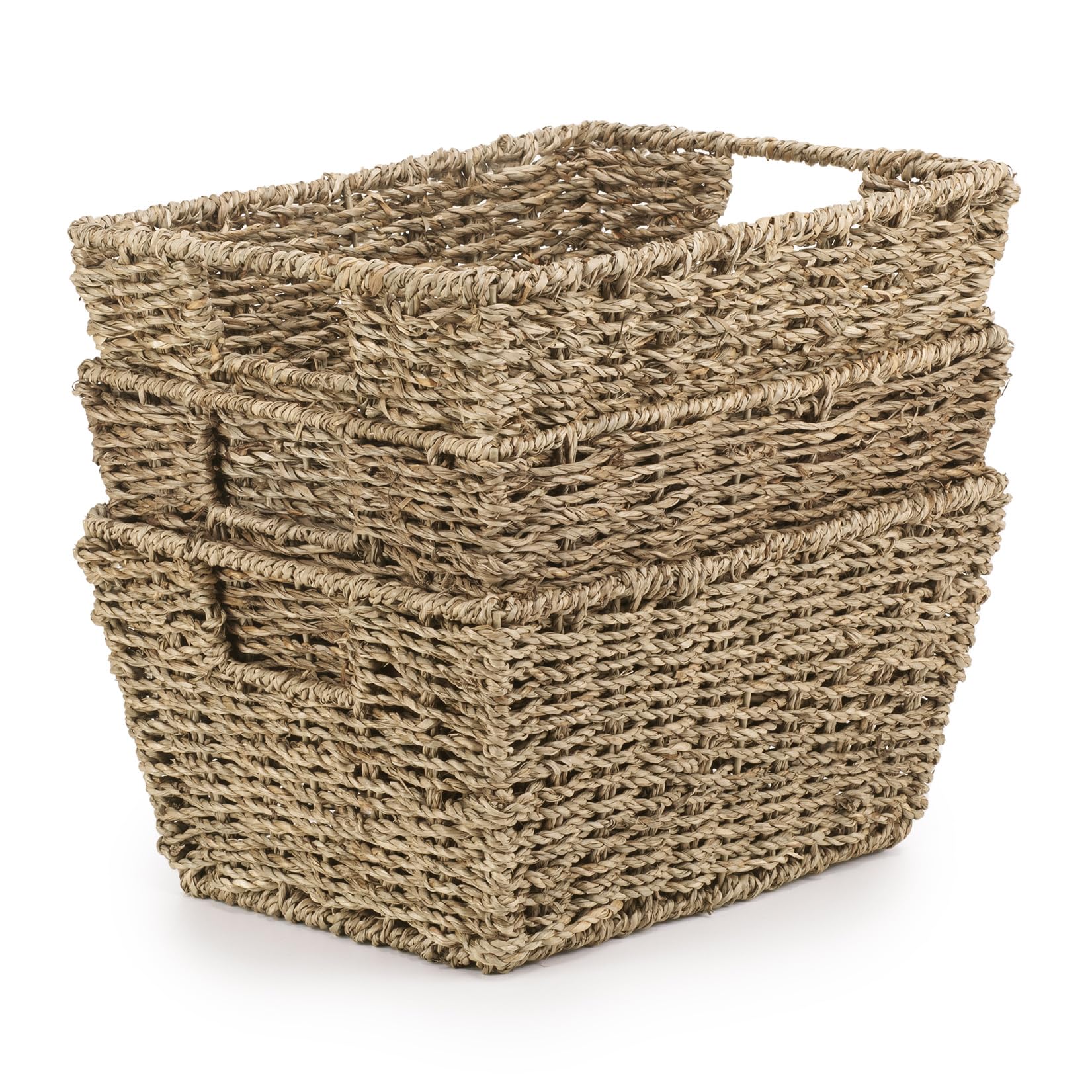 Woodluv Seagrass Woven Wicker Shelf Storage Basket Set, Display Gift Hampers, Set of 3 Handwoven Multi-Purpose Shelves Storage Baskets W/Handles for Bedroom & Home Office