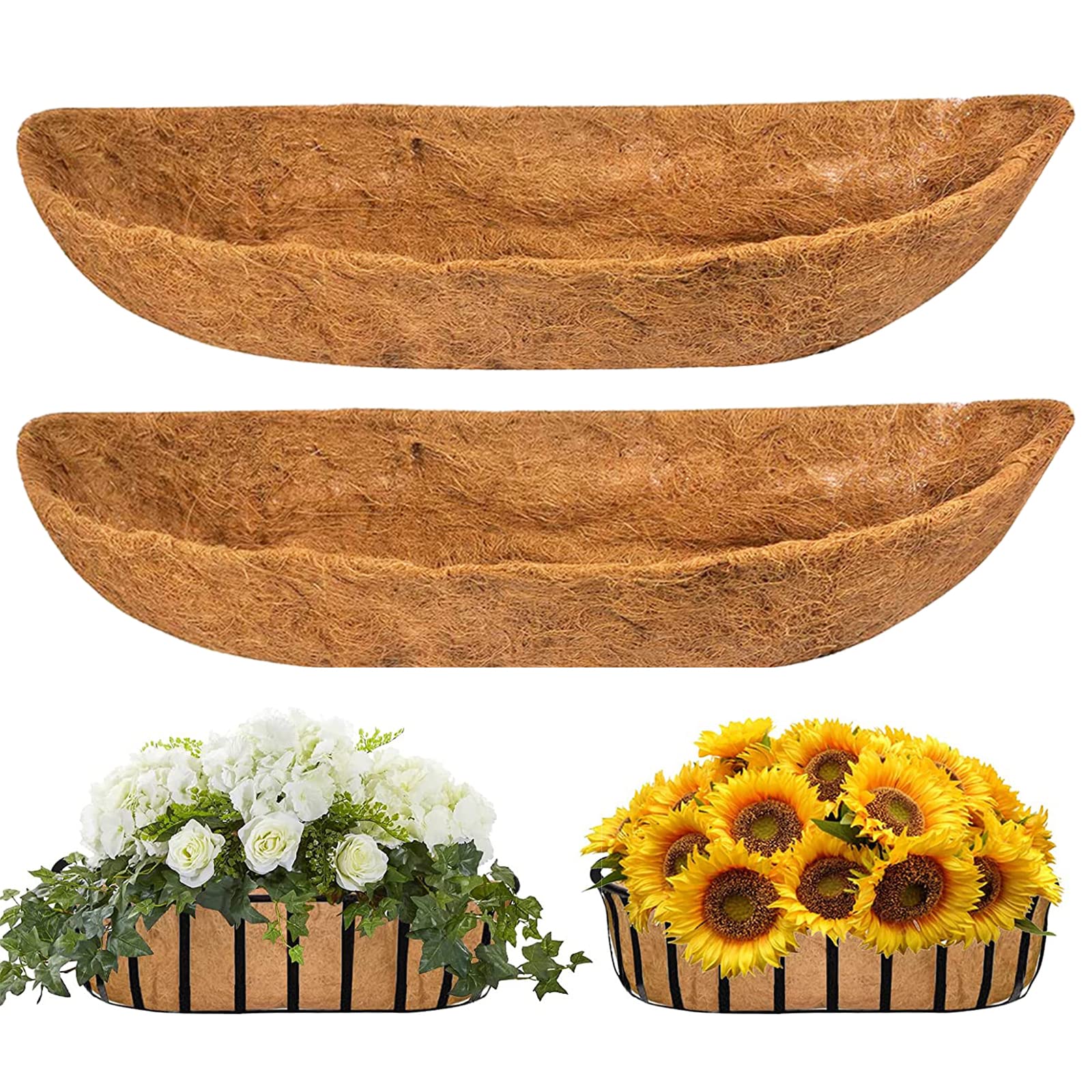 YUNSTK 2 Pcs Coco Liner Trough, 30 Inch Wall Mounted Planter Liner, Natural Coconut Fiber Hanging Basket Liners, Coco Fiber Replacement Liner for Window Box Planter, Wall Basket