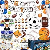198Pcs Sports Birthday Decorations-Basketball Baseball Soccer Football Plates and Napkins Set Serves 24,Sports Theme Party Supplies