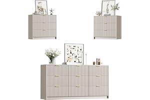 Furniway Beige Dresser Bedroom Set 3 Pieces, Nightstands Sets of 2, 9 Drawer Dresser with Gold Handles for Bedroom
