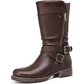 DECARSDZ Women's Mid-Calf Boots Fall Low Heel Fashion Ladies Combat Motorcycle Boots