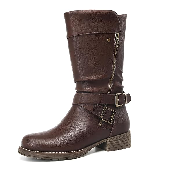 DECARSDZ WOMEN’S MID-CALF BOOTS FALL LOW HEEL FASHION LADIES COMBAT MOTORCYCLE BOOTS