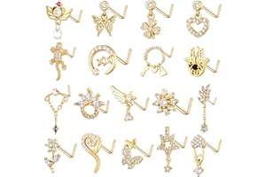 TAMHOO 18Pcs Nose Rings - L Shape, Butterfly & Heart Designs - Gold Nose Studs for Women
