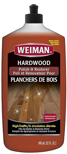 WEIMAN WOOD FLOOR POLISH AND RESTORER – 32 OUNCE – HIGH-TRAFFIC HARDWOOD FLOOR, NATURAL SHINE, REMOVES SCRATCHES, LEAVES PROTECTIVE LAYER, PACKAGING MAY VARY