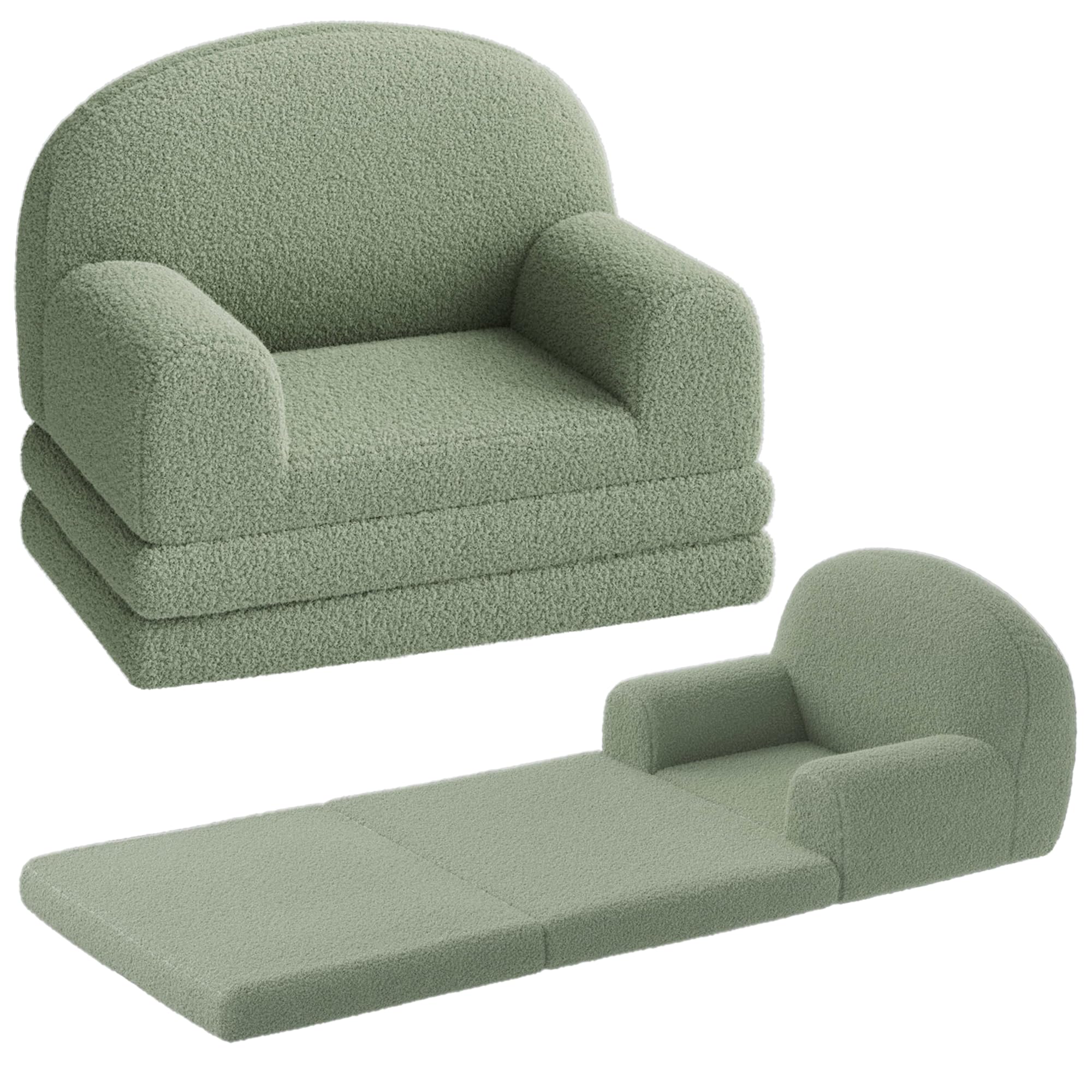 Photo 1 of GarveeHome Kids Couch, 2-in-1 Comfy Toddler Couch Fold Out, Convertible Sofa to Lounger Foam Kids Chair with Soft Sherpa, Gift for Girls and Boys (Green-Half-Moon, Medium)