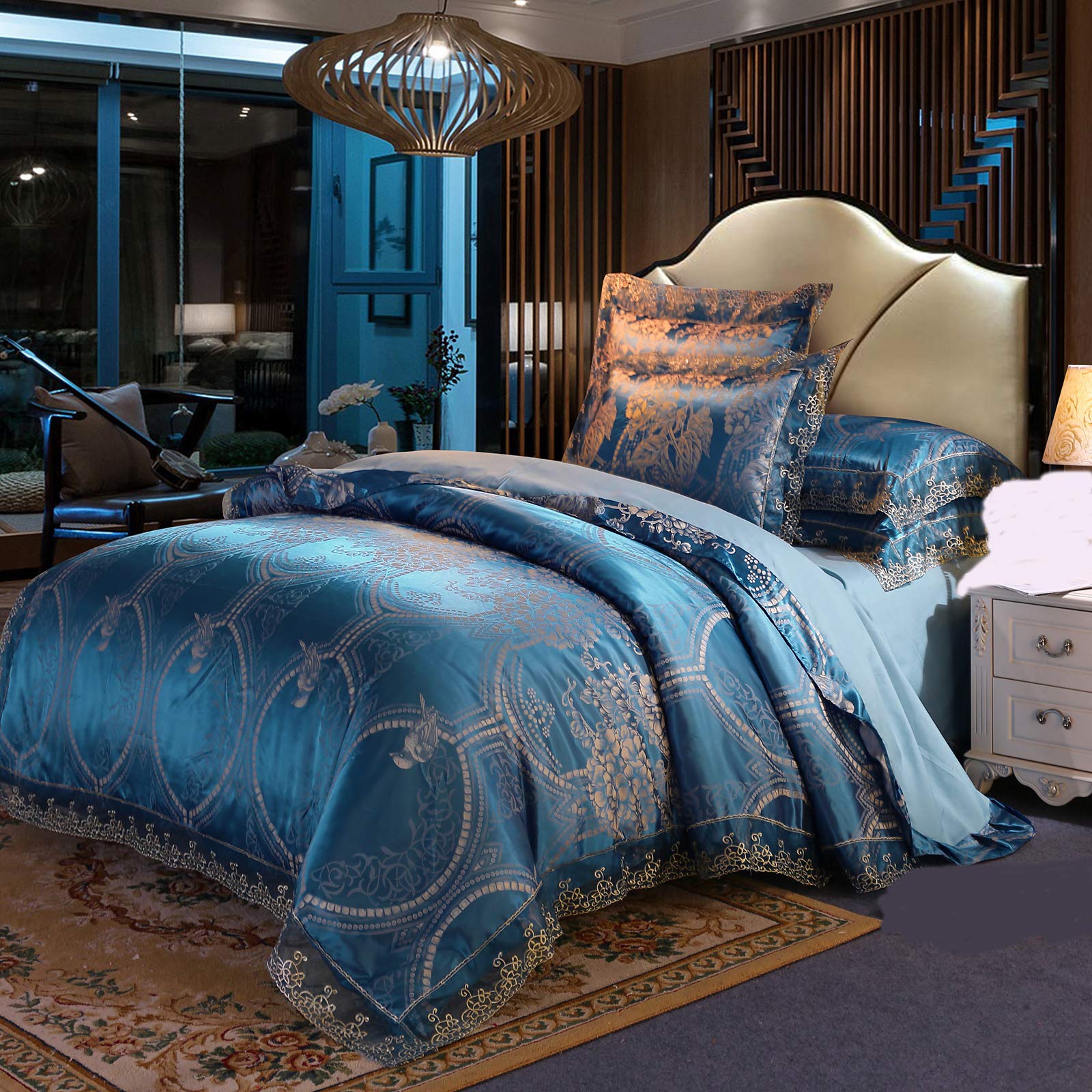 Beyeutao Jacquard Duvet Cover Double Bedding Luxury Blue Duvet Set Jacquard Bedding Set 3 PCS with Duvet Cover Set Pillowcases. (Blue, Double)