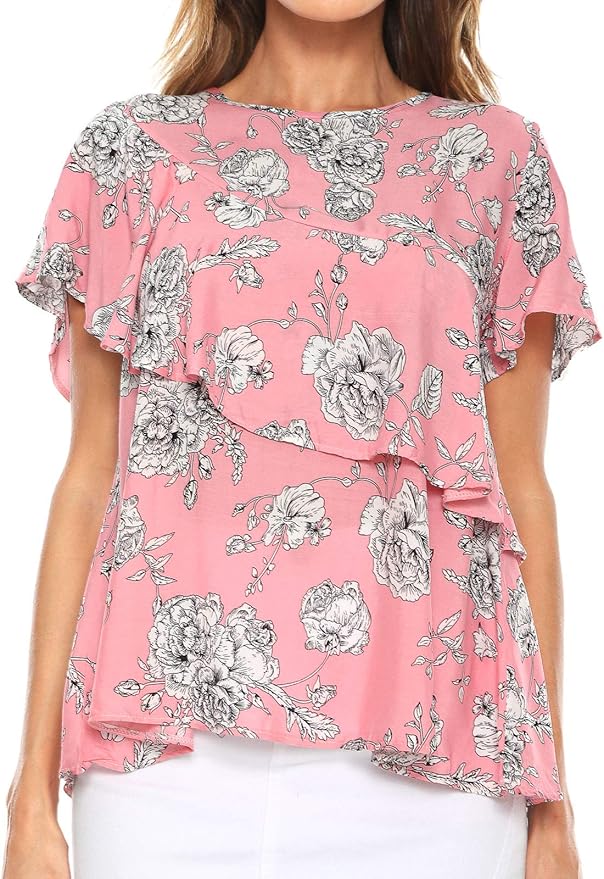 Womens Tops Short Sleeve Floral Rufled Blouses - Rose Color - US Medium Size, Chest: 36.5 inch 