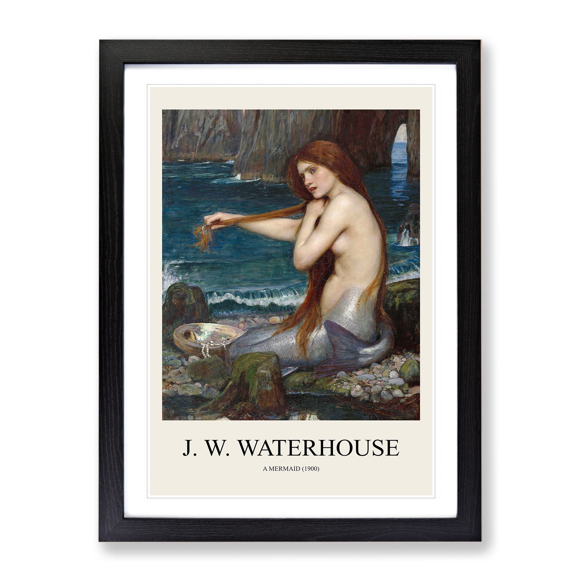 A Mermaid Vol.1 By John William Waterhouse Exhibition Museum Painting Framed Wall Art Print, Ready to Hang Picture for Living Room Bedroom Home Office Décor, Black A4 (34 x 25 cm)