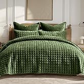 RECYCO Luxury Velvet Quilt Set King Size Bedding Sets, Ultra Soft Velvet Comforter Set, Lightweight Channel Box Stitch Oversized Bedspread Coverlet for All Season, with 2 Shams, Loden Green