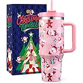 TaroKitc Christmas Gifts for Women Men, 40 oz Christmas Tumbler with Handle and Straw Lid, Xmas Insulated Stainless Steel Travel Coffee Mug, Cup Holder Friendly, Pink Santa and Gingerbread Man