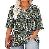 Micoson Womens Plus Size Tops 3/4 Ruffle Sleeve Shirt Casual V Neck Pleated T Shirt Loose Fit Tunic Blouse(1X-5X)