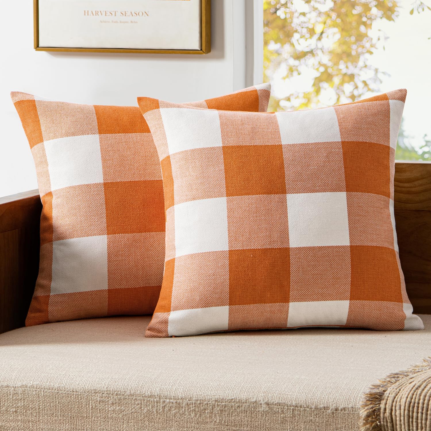 Photo 1 of MIULEE Pack of 2 Fall Throw Pillow Covers Decorative Classic Farmhouse Buffalo Check Plaids Linen Soft Pillow Case Orange and White Cushion Case for Sofa Bedroom Outdoor 20 x 20 Inch