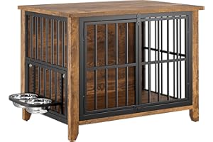 Lulive Dog Crate Furniture, Wooden Dog Kennel Indoor with Adjustable 360°& Height Dog Bowls, Double Doors Furniture Dog Crates End Table for Small/Medium 31.5" L*22.5" W*25.6" H, Brown