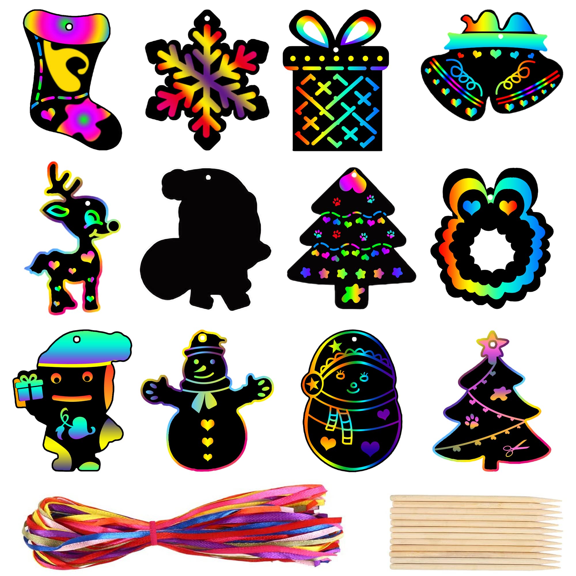 KEYIDO Pack of 48 Christmas Scratch Art for Kids Christmas Party Bag Fillers for Xmas Eve Activities Christmas Hanging Decorations with 12pcs Wood Stylus and 48pcs Ribbons