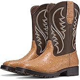 Rollda Cowboy Boots for Men Western Boots Men's Square Toe Chunky Heel Mid-Calf Boots Classic Embroidered Pull On Boots