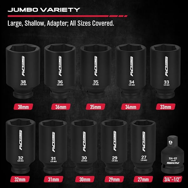 1/2 DRIVE DEEP IMPACT SOCKET SET: 11-PIECE METRIC SIZE WHEEL AXLE NUT WRENCH METRIC LARGE JUMBO 27MM 29MM 30MM 31MM 32MM 33MM 34MM 35MM 36MM 38MM SPINDLE JOINT HIGH TORQUE TRUCK BEARING LOCKNUT