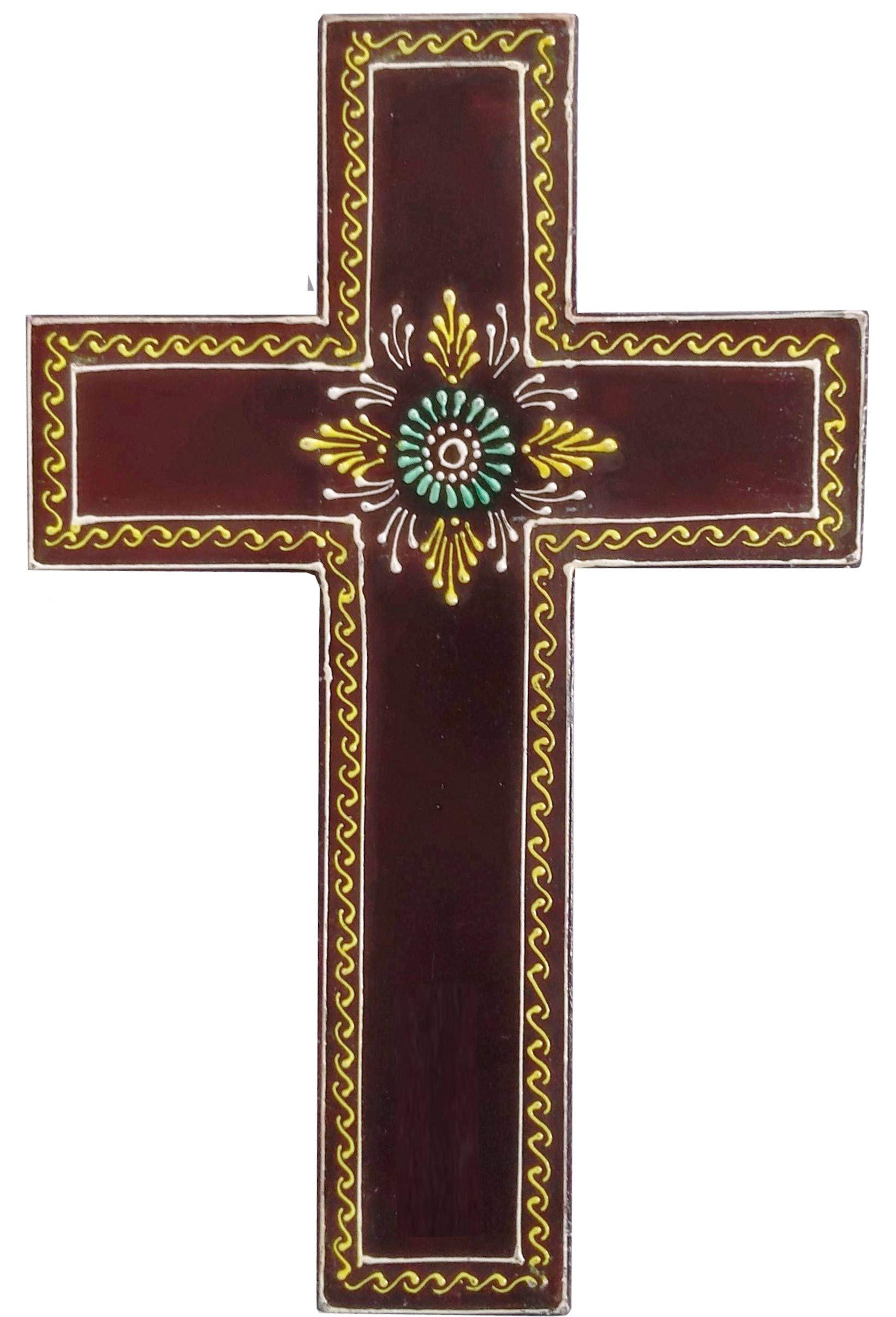 Purpledip Wooden Wall Cross 'Earth': Handpainted Mangowood Plaque, Brown (11446E)