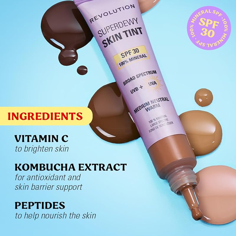 Revolution Superdewy SPF30 Skin Tint, Tinte Facial Ligero SPF 30 para Piel Sensible y con Tendencia Acneica, Cobertura Modulable, Vegano, Medium Neutral, 28 ml