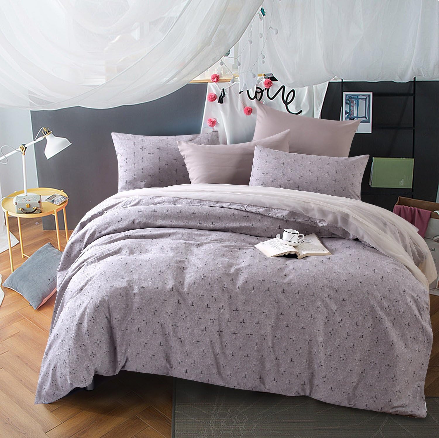 Colourful Snail 100-Percent Natural Washed Cotton Printed Pattern Duvet Cover Set, Ultra Soft and Easy Care, King, Taupe