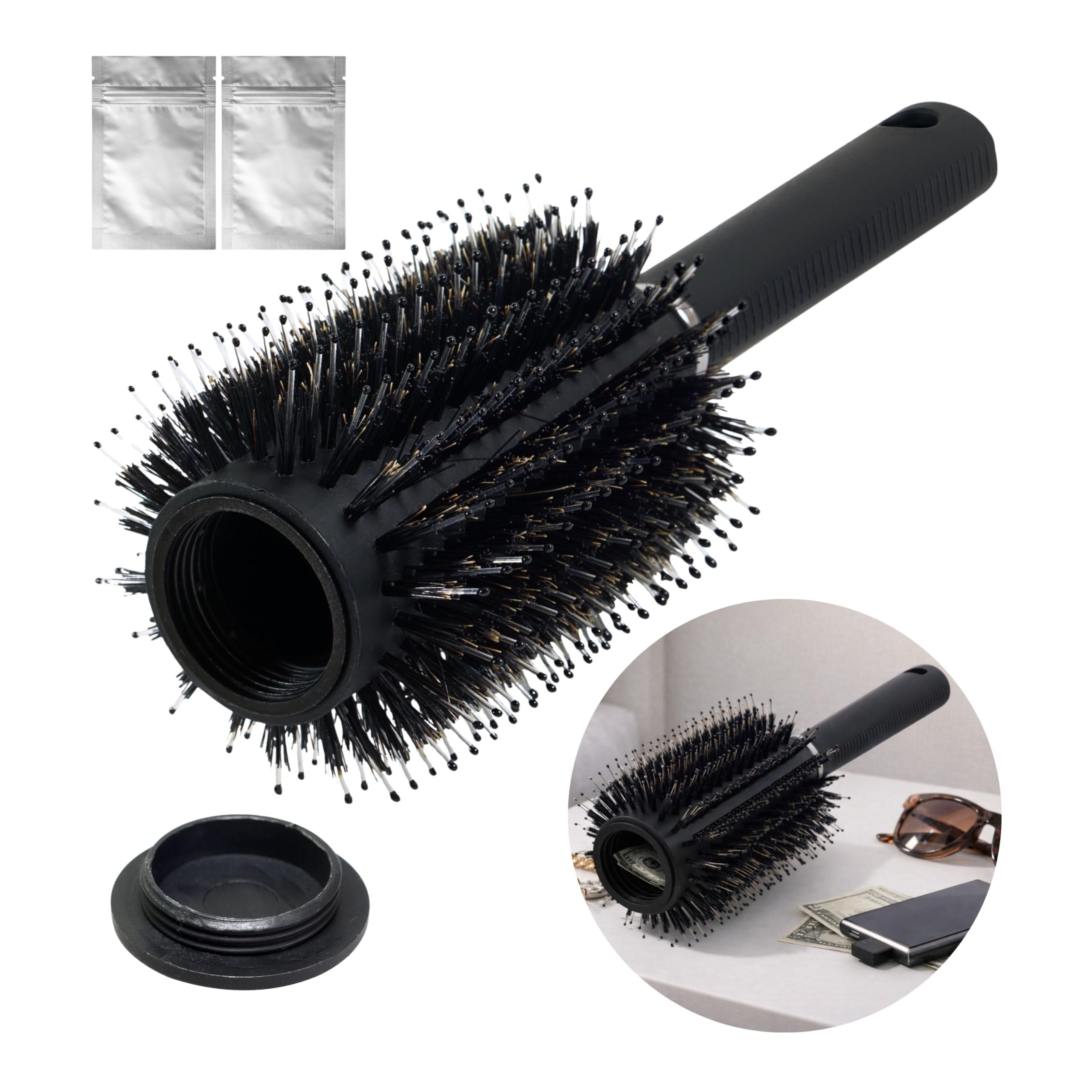 Round Hairbrush with Hidden Compartment, Diversion Safe Hair Brush, Hiding Container for Jewelry, Money and Valuables, Incl. 2 Waterproof & Airproof Bags, Black