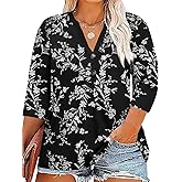 Chulianyouhuo Womens Plus Size 3/4 Sleeve Tops Casual V Neck Button Tee Shirts Basic Loose Fit Tunic Blouse