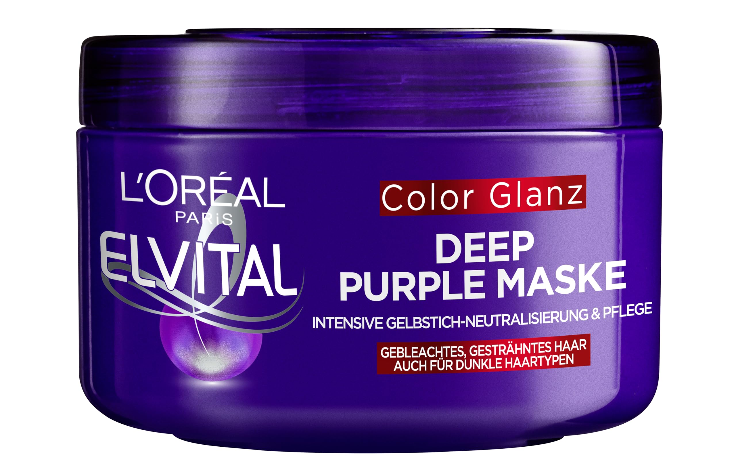L'Oréal Paris Elvital Hair Mask for Blonde, Highlighted, Grey Hair, Neutralises Yellow Tones, Colour Shine Purple Deep Mask Against Yellow, 1 x 250 ml