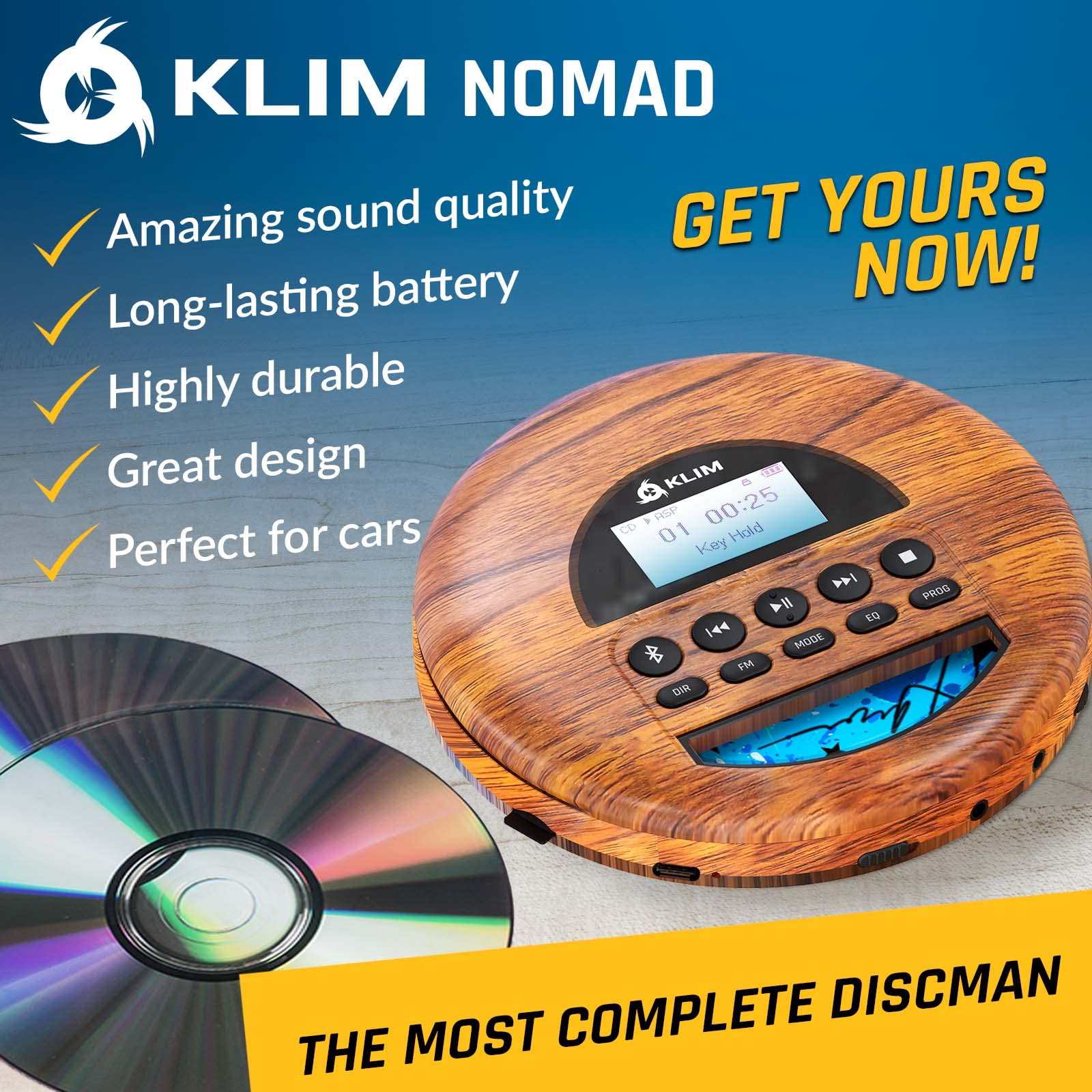 KLIM Nomad Wood - New - Portable CD Player Walkman - Long-Lasting Battery - Includes Headphones - Radio FM - Compatible MP3 CD Player Portable - TF Card Radio FM Bluetooth - Ideal for Cars