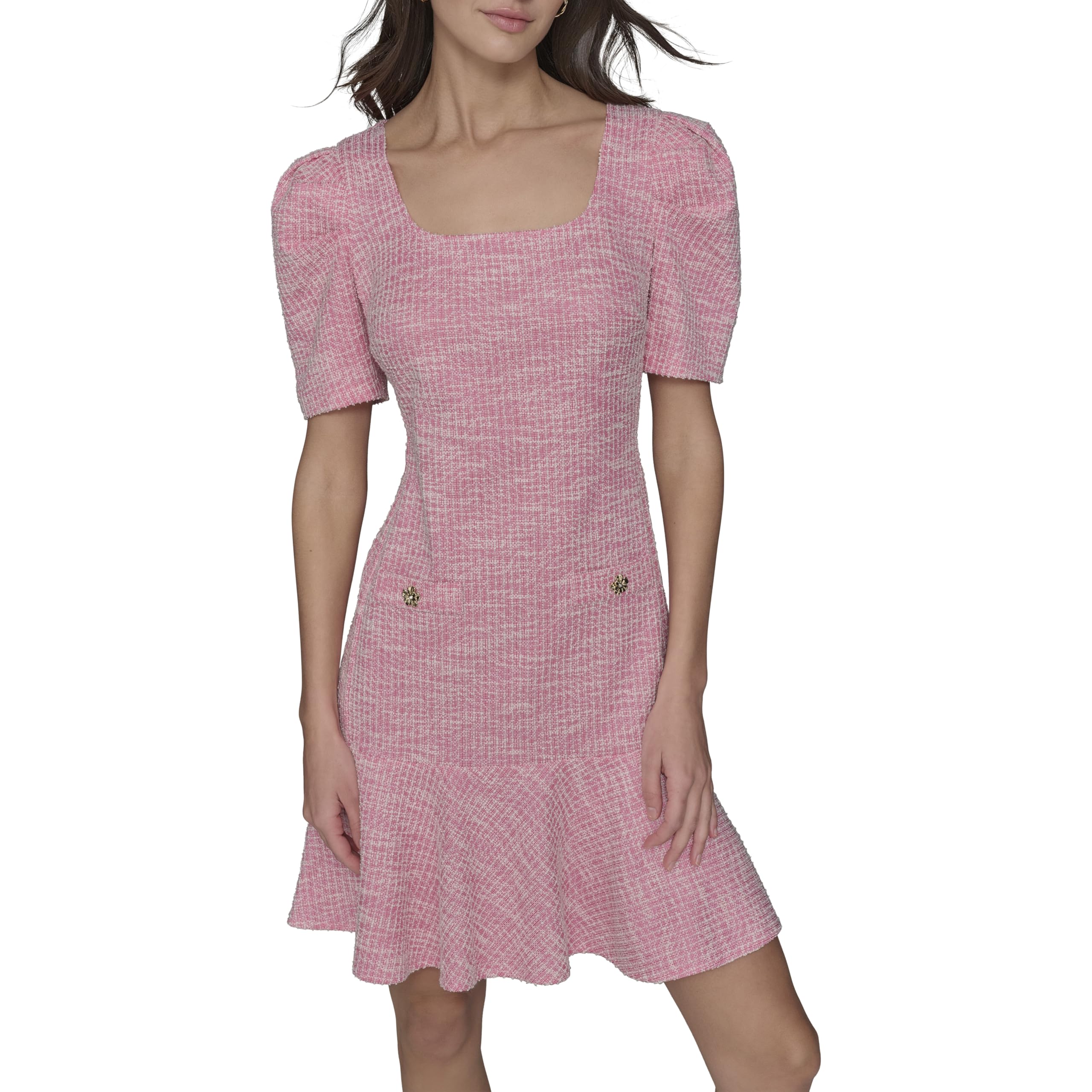 Karl Lagerfeld Paris Women’s Puff Sleeve Swaure Neck Flounce Tweed A-Line Mini Dress, Pink Sherbert/Soft White