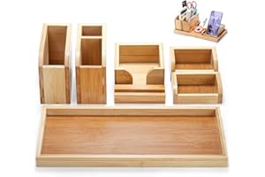 Cididu Bamboo Desk Vanity Tray, 7 Pieces Adjustable Pen Holder Stationery Caddy, Bathroom Vanity Organizer Set, Sturdy Counte