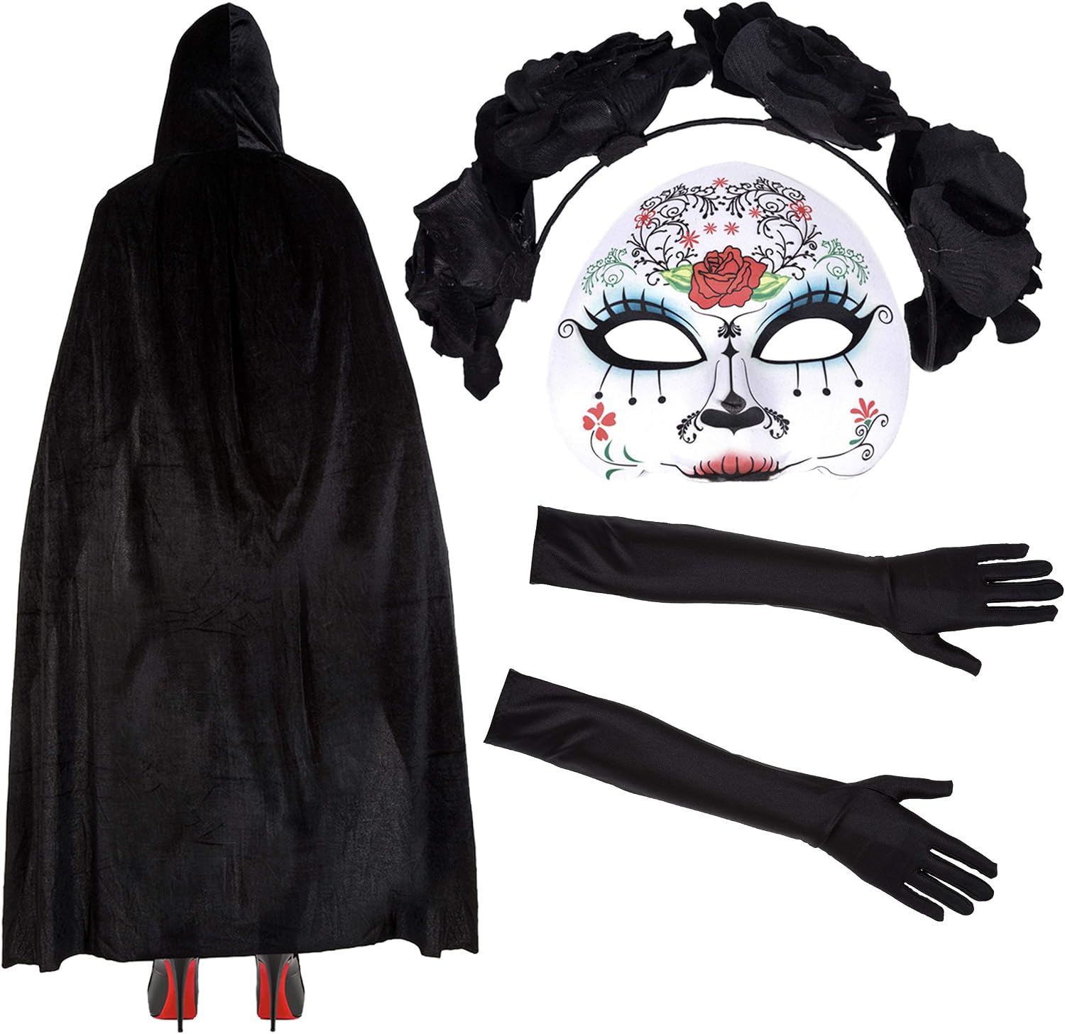 Robelli Womens Mexican Sugar Skull Day Of The Dead Halloween Costume - Mask/Headband/Velvet Cape/Lace Gloves (Maria)