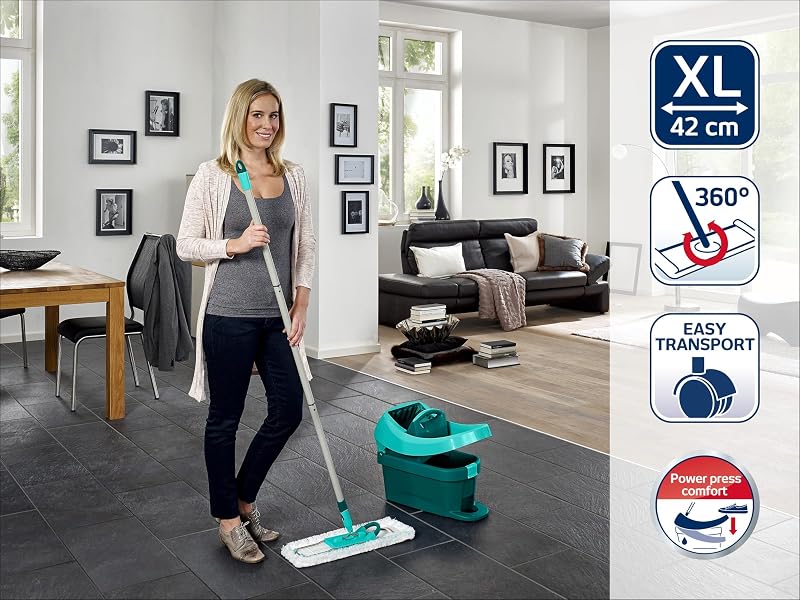 Leifheit Conjunto de caçamba com rodas e esfregão Profi XL extra-plano, balde de torção com prensa, esfregão com poste de aço e tampa de substituição