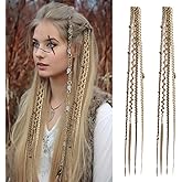 REECHO Clip in Braid Hair Extensions for Women, 20" Boho Dreadlock Clip in Braids with Beads & Charms, 2PCS Synthetic Braided Hairpieces for Cosplay Daily, Medium Blonde with Light Blonde