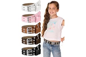 NEWCOTTE 5 Pcs Girls Belts with Holes Kids PU Double Grommet Leather Waist Belts Kids for 6-12 Year Girl Boy Jeans Pants