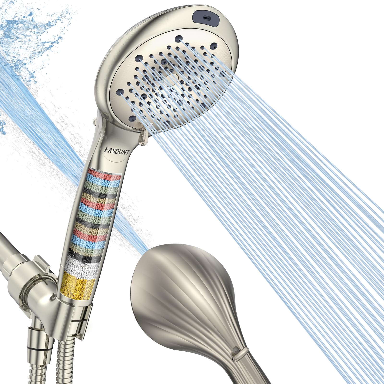 FASDUNT Filtered Shower Head with Handheld, 8-Mode Handheld Showerhead with Filters for Hard Water -Remove Chlorine, Built-in Power Wash, 80" Extra Long Stainless Steel Hose, Brushed Nickel Image