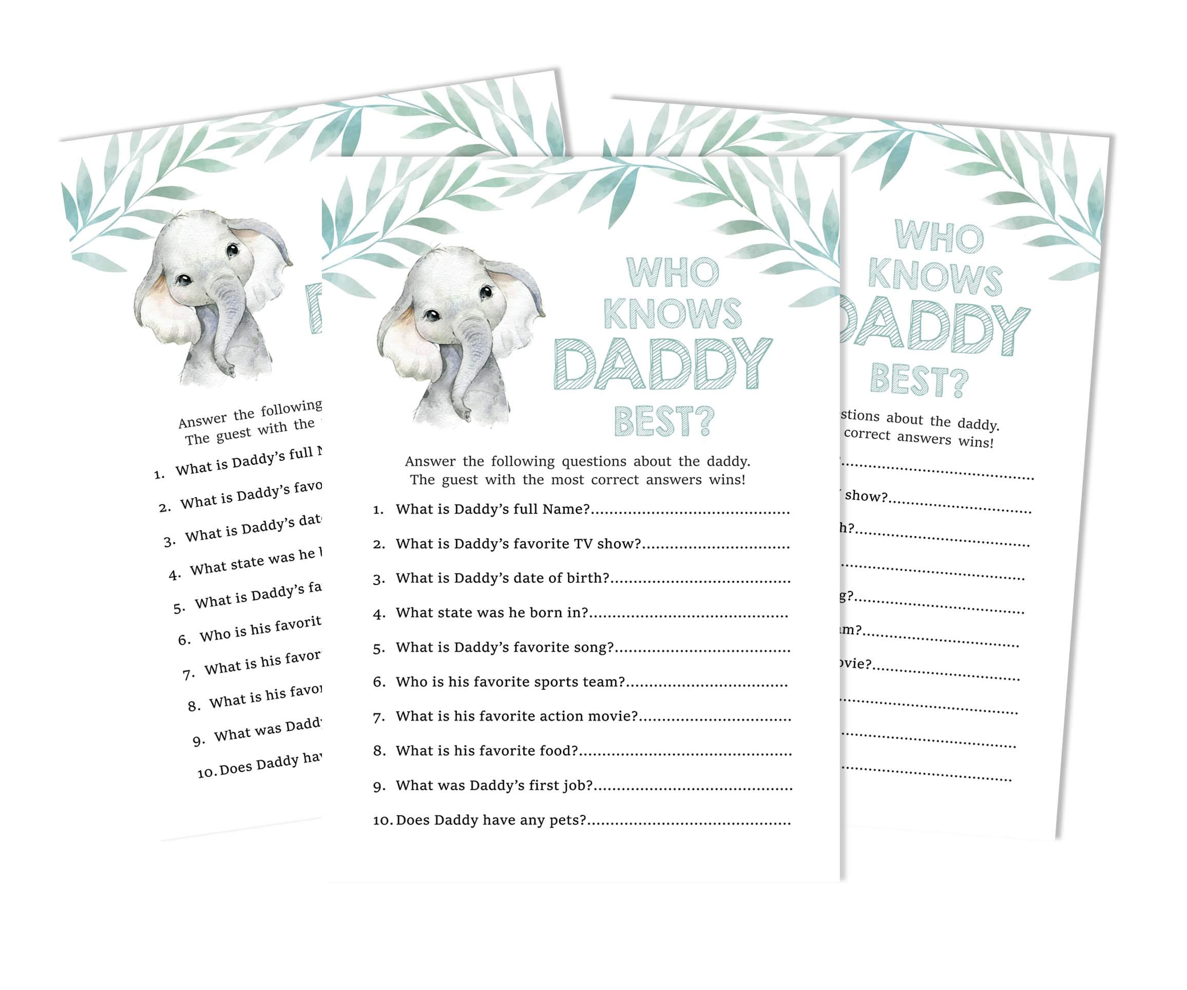 Inkdotpot Baby Elephant Gender Neutral Who Knows Daddy Best Baby Shower Game Cards Fun Activity Cards Set Of 50 Party Theme