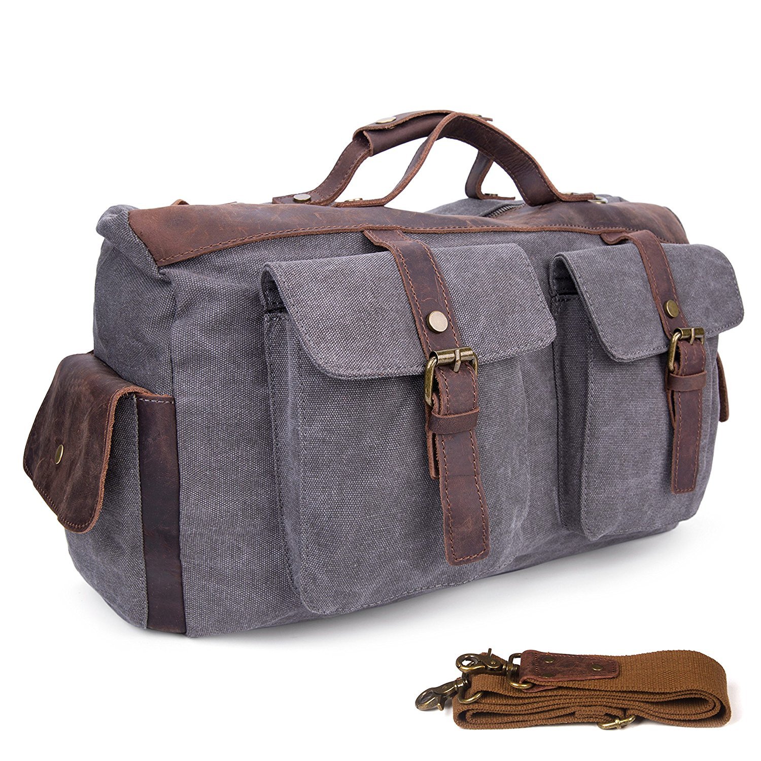 Bolsa de viaje de cuero de gran tamaño de lona para fines de semana o noches lienzo bolso bolsa de hombro-Gris