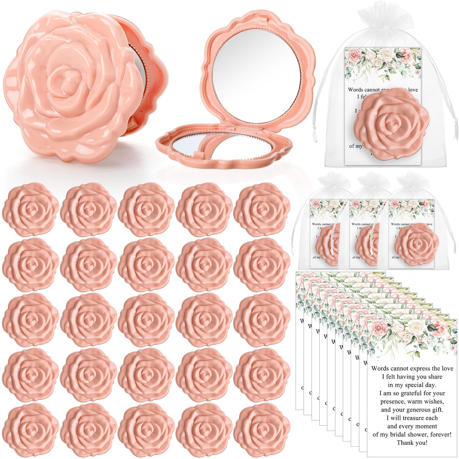 Photo 1 of FoldTier 50 Sets Bridal Shower Party Favors for Guests Small Rose Compact Mirror Bulk Wedding Favors Thank You Cards and Organza Bags Wedding Party Guests Souvenir Gift (Pink Champagne)